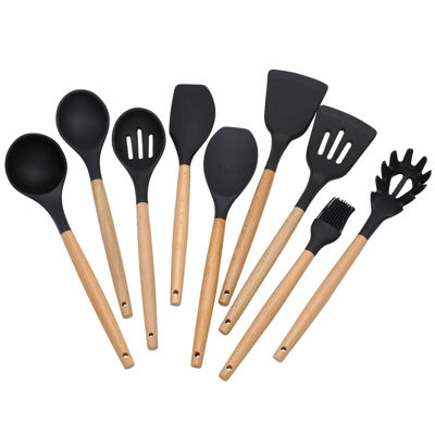 Elyon Tableware, 9 Piece Silicone Cooking Utensils Set w/ Wood Handles, Black Elyon Tableware, 9 Piece Silicone Cooking Utensils Set w/ Wood Handles, Black