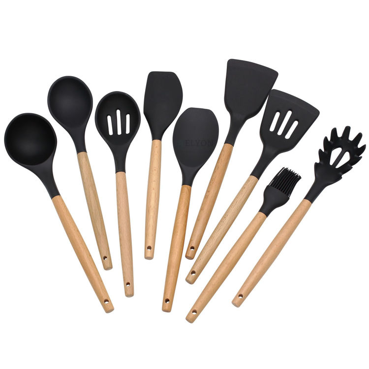 https://elyontableware.com/images/thumbs/0001620_9-piece-black-colored-silicone-kitchen-utensils-set-with-wooden-handles_750.jpeg