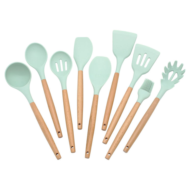 https://elyontableware.com/images/thumbs/0001622_9-piece-mint-green-colored-silicone-kitchen-utensils-set-with-wooden-handles_750.jpeg