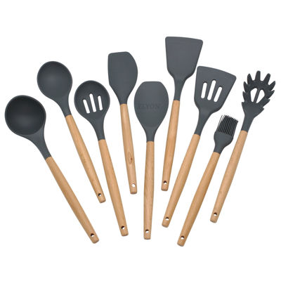9 Piece Grey Silicone Kitchen Utensils Set with Wooden Handles 9 Piece Grey Silicone Kitchen Utensils Set with Wooden Handles