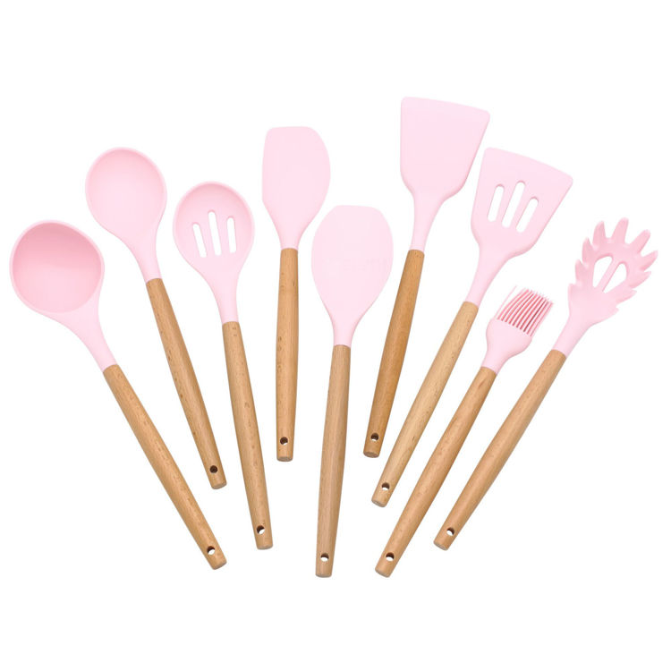 9 Piece Pink Silicone Kitchen Utensils Set with Wooden Handles
