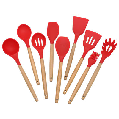 9 Piece Red Silicone Kitchen Utensils Set with Wooden Handles 9 Piece Red Silicone Kitchen Utensils Set with Wooden Handles