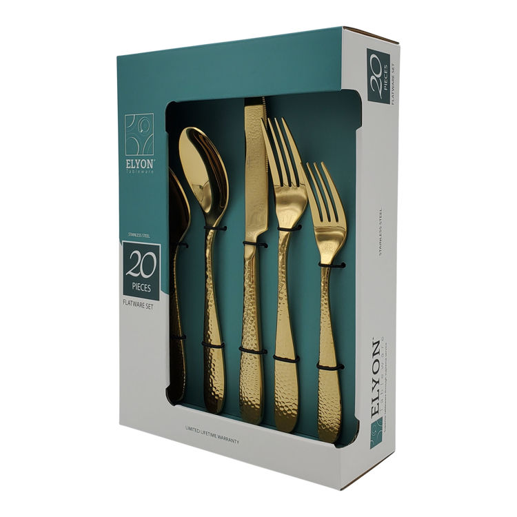 20-Piece Carroll Hammered Reflective Gold Flatware Set, Stainless Steel, Service For 4	