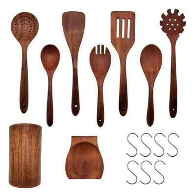 Elyon 9 Piece Teak Wood Utensil Set with Hooks Elyon 9 Piece Teak Wood Utensil Set with Hooks