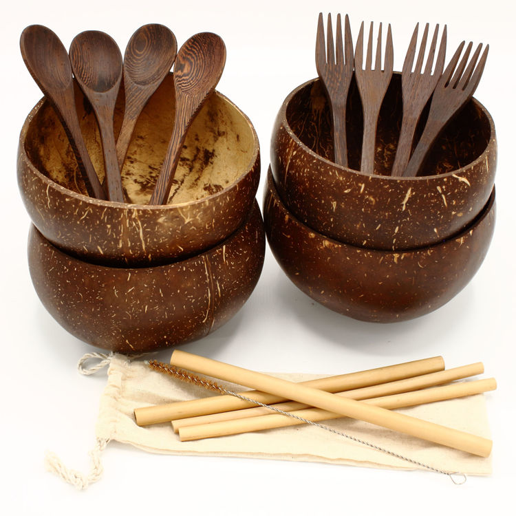 Picture of Handcrafted Natural Coconut Bowl, Gift Set of 4 Jumbo Bowls, 4 Wooden Spoons, 4 Wooden Forks, and 4 Bamboo Straws, Eco-Friendly, 100% Organic Coconut Shell