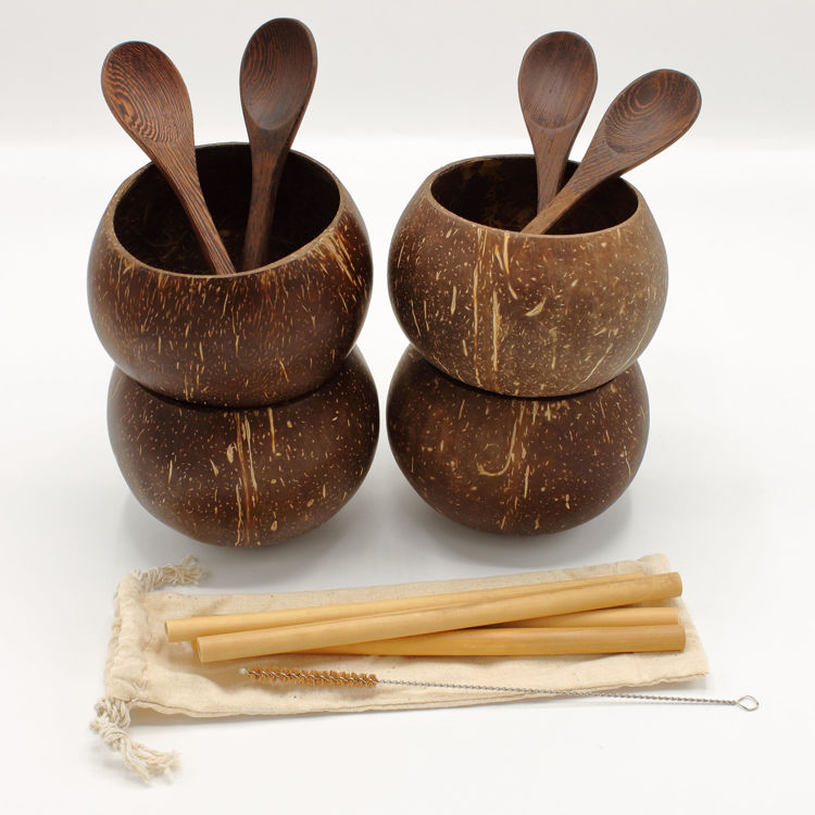 Picture of Handcrafted Natural Coconut Bowl, Gift Set of 4 Large Bowls, 4 Wooden Spoons, and 4 Bamboo Straws, Eco-Friendly, 100% Organic Coconut Shell
