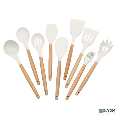 9 Piece White Colored Silicone Kitchen Utensils Set with Wooden Handles 9 Piece White Colored Silicone Kitchen Utensils Set with Wooden Handles