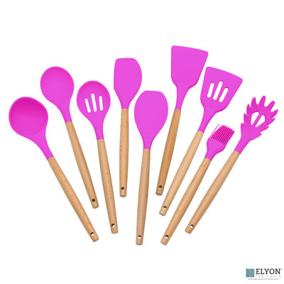 9 Piece Lavender Colored Silicone Kitchen Utensils Set with Wooden Handles 9 Piece Lavender Colored Silicone Kitchen Utensils Set with Wooden Handles