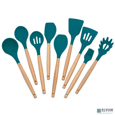 9 Piece Teal Colored Silicone Kitchen Utensils Set with Wooden Handles 9 Piece Teal Colored Silicone Kitchen Utensils Set with Wooden Handles