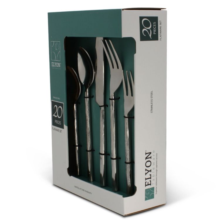 Elyon Sardar Reflective Silver 20 Piece Flatware Set Indian Artisan-Made Set Hand-Forged Stainless Steel Service for 4