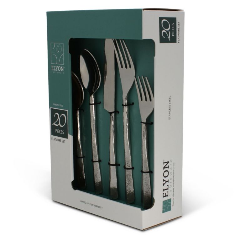 Elyon Seldon Reflective Silver 20 Piece Flatware Set Indian Artisan-Made Set Hand-Forged Stainless Steel Service for 4