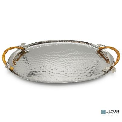 Show details for Elyon 20" Hammered Oval Serving Tray Platter Handmade Stainless Steel Bamboo Handles Picture of Elyon 20" Hammered Oval Serving Tray Platter Handmade Stainless Steel Bamboo Handles