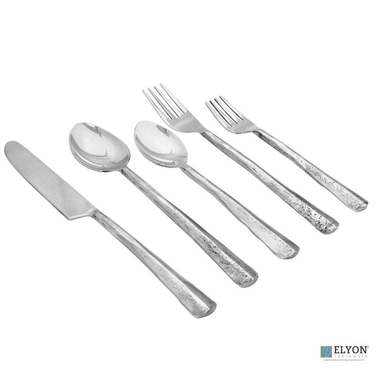 Elyon Seldon Reflective Silver 20 Piece Flatware Set Indian Artisan-Made Set Hand-Forged Stainless Steel Service for 4