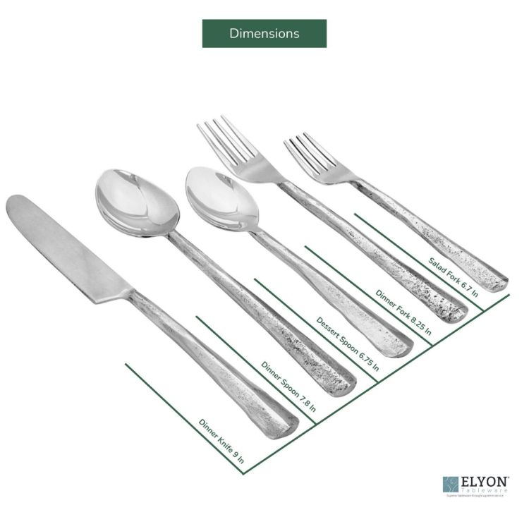 Elyon Seldon Reflective Silver 20 Piece Flatware Set Indian Artisan-Made Set Hand-Forged Stainless Steel Service for 4