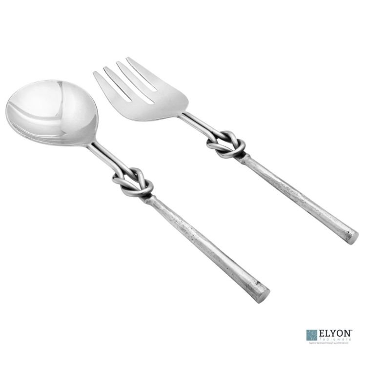 Elyon Reef Knot Reflective Silver Salad Serving Set Indian Artisan-Made Hostess Set Hand-Forged Stainless Steel 2 Pieces