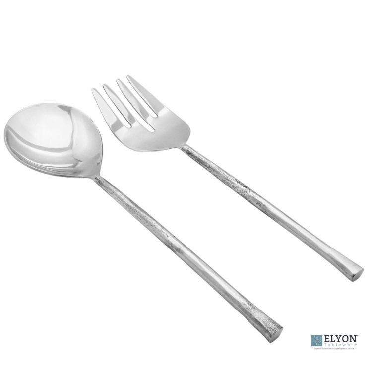 Elyon Sardar Reflective Silver Salad Serving Set Indian Artisan-Made Hostess Set Hand-Forged Stainless Steel 2 Pieces