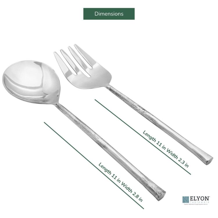 Elyon Sardar Reflective Silver Salad Serving Set Indian Artisan-Made Hostess Set Hand-Forged Stainless Steel 2 Pieces