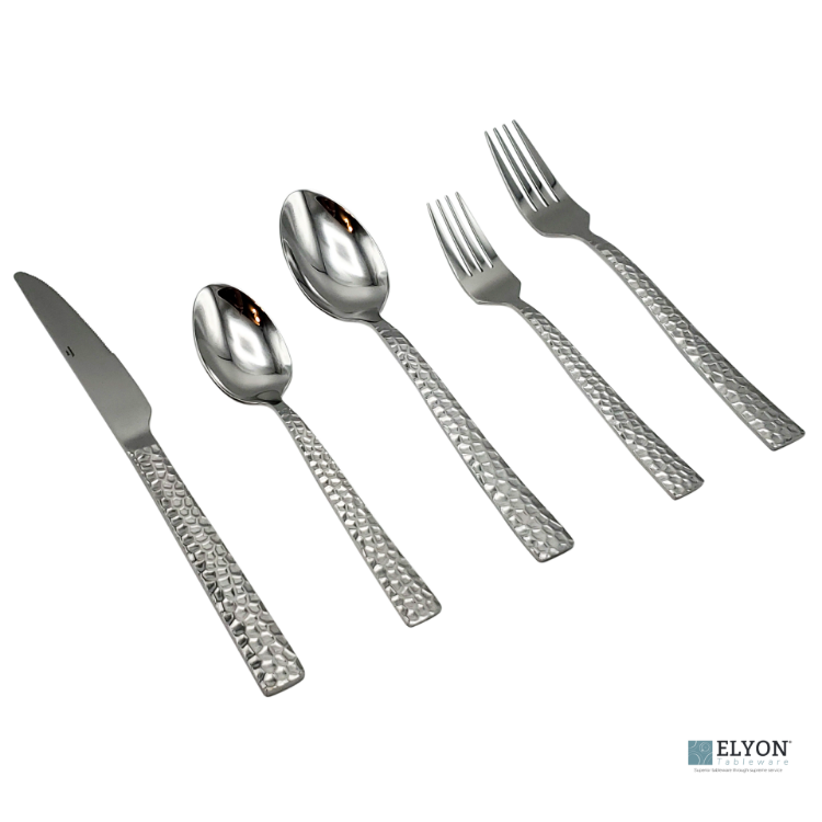 Elyon Hammered Reflective Silver 20-Piece Flatware Set, Stainless Steel, Service For 4