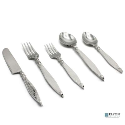 Elyon Rosman Hammered Reflective Silver 20 Piece Flatware Set Indian Artisan-Made Set Hand-Forged Stainless Steel Service for 4 Elyon Rosman Hammered Reflective Silver 20 Piece Flatware Set Indian Artisan-Made Set Hand-Forged Stainless Steel Service for 4