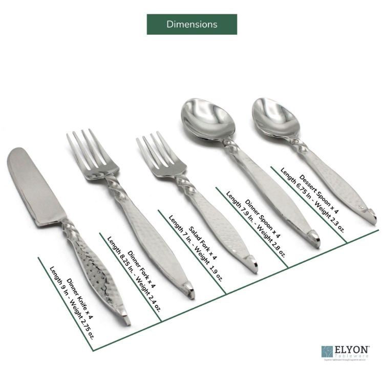 Picture of Elyon Rosman Hammered Reflective Silver 20 Piece Flatware Set Indian Artisan-Made Set Hand-Forged Stainless Steel Service for 4