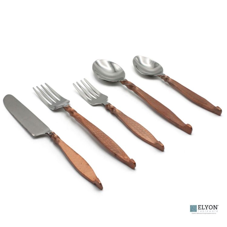 Picture of Elyon Rosman Hammered Reflective Copper 20 Piece Flatware Set Indian Artisan-Made Set Hand-Forged Stainless Steel Service for 4