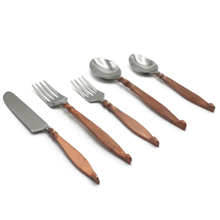 Picture of Elyon Rosman Hammered Reflective Copper 20 Piece Flatware Set Indian Artisan-Made Set Hand-Forged Stainless Steel Service for 4