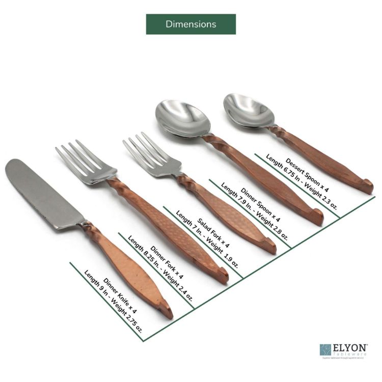 Picture of Elyon Rosman Hammered Reflective Copper 20 Piece Flatware Set Indian Artisan-Made Set Hand-Forged Stainless Steel Service for 4