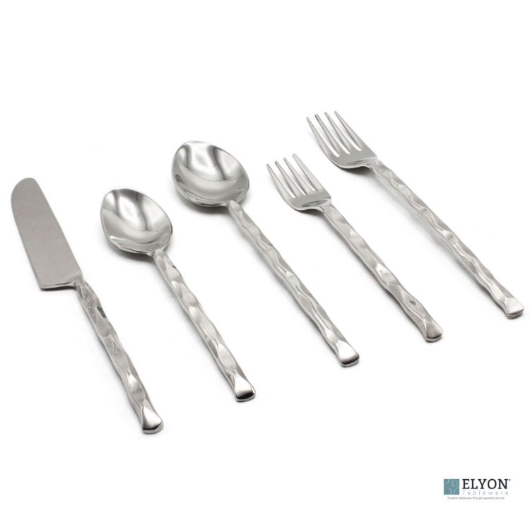 Picture of Elyon Diamond Tip Reflective Silver 20 Piece Flatware Set Indian Artisan-Made Set Hand-Forged Stainless Steel Service for 4