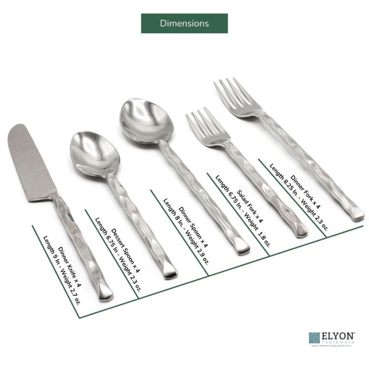 Picture of Elyon Diamond Tip Reflective Silver 20 Piece Flatware Set Indian Artisan-Made Set Hand-Forged Stainless Steel Service for 4