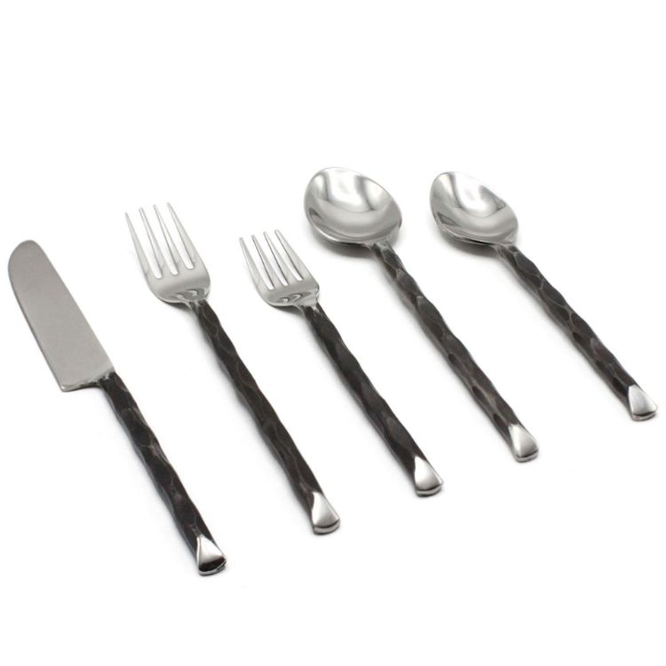 Picture of Elyon Diamond Tip Reflective Black 20 Piece Flatware Set Indian Artisan-Made Set Hand-Forged Stainless Steel Service for 4