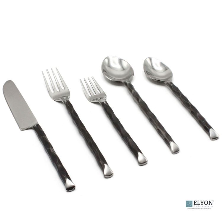 Picture of Elyon Diamond Tip Reflective Black 20 Piece Flatware Set Indian Artisan-Made Set Hand-Forged Stainless Steel Service for 4