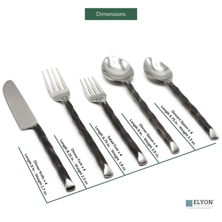 Picture of Elyon Diamond Tip Reflective Black 20 Piece Flatware Set Indian Artisan-Made Set Hand-Forged Stainless Steel Service for 4