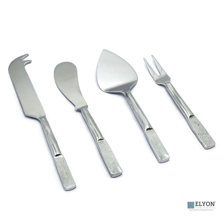 Picture of Elyon Carbery Reflective Silver 4 Piece Cheese Knife Set Indian Artisan-Made Set Hand-Forged Stainless Steel
