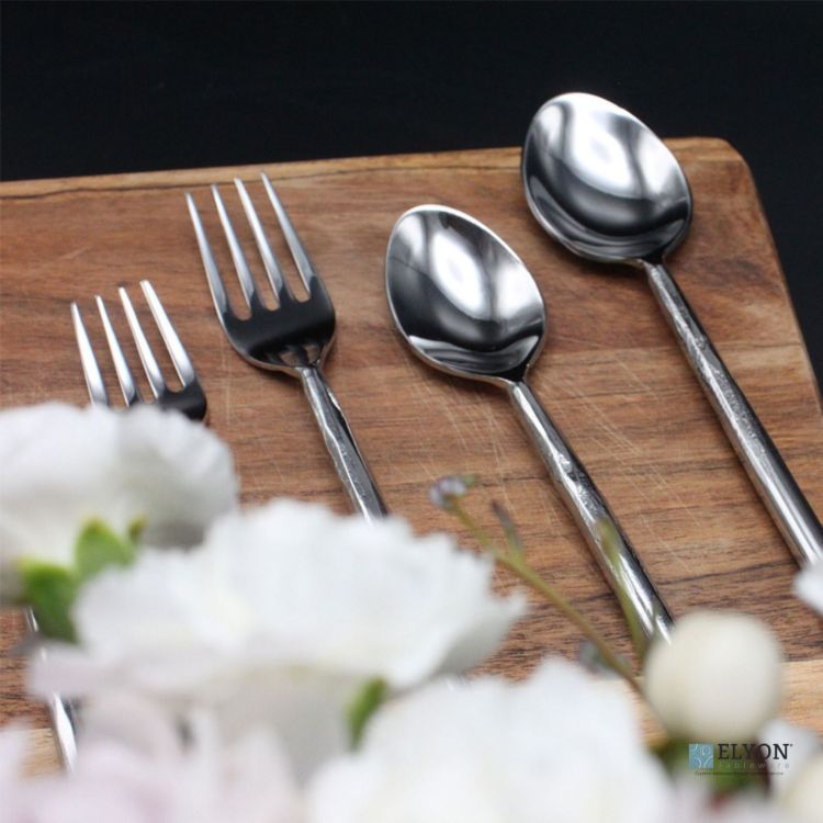 Elyon Lavista Reflective Silver 20 Piece Flatware Set Indian Artisan-Made Set Hand-Forged Stainless Steel Service for 4