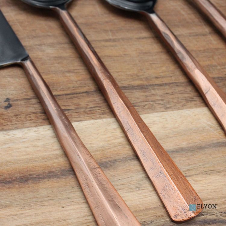 Elyon Seldon Reflective Copper 20 Piece Flatware Set Indian Artisan-Made Set Hand-Forged Stainless Steel Service for 4
