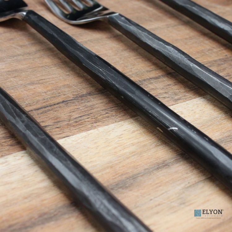 Elyon Ambrey Reflective Black 20 Piece Flatware Set Indian Artisan-Made Set Hand-Forged Stainless Steel Service for 4