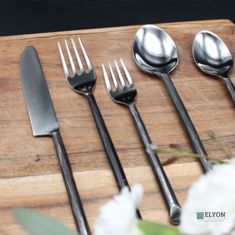 Elyon Ambrey Reflective Black 20 Piece Flatware Set Indian Artisan-Made Set Hand-Forged Stainless Steel Service for 4