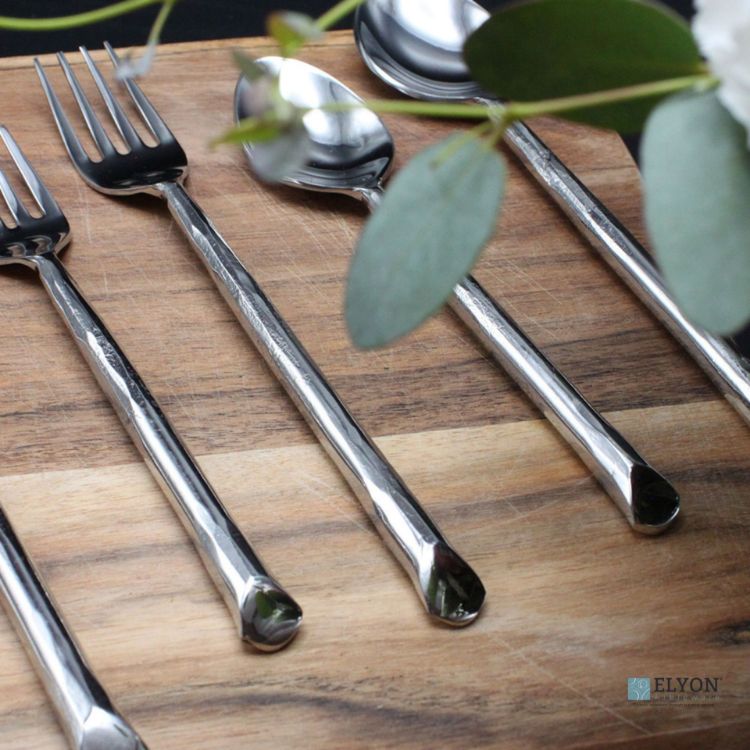 Elyon Ambrey Reflective Silver 20 Piece Flatware Set Indian Artisan-Made Set Hand-Forged Stainless Steel Service for 4