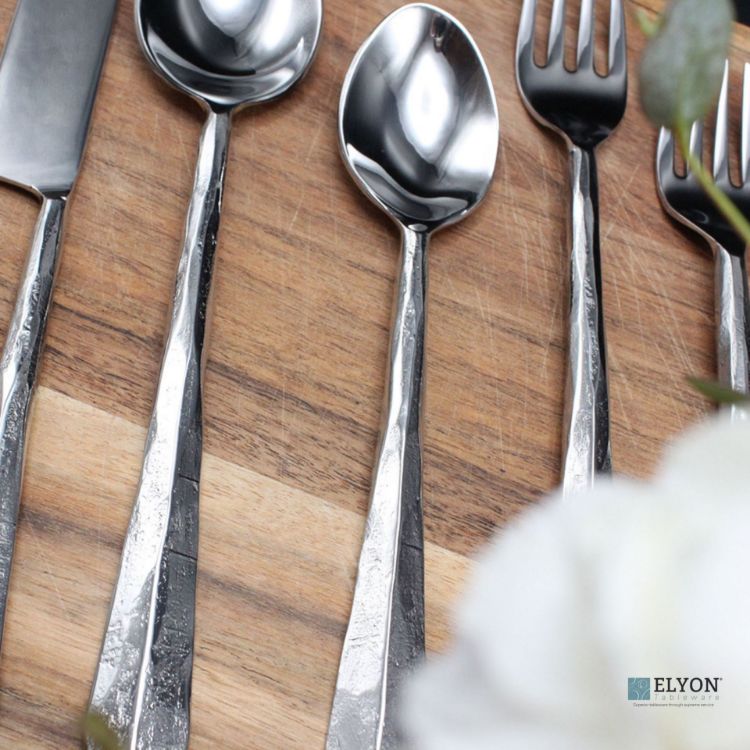 Elyon Seldon Reflective Silver 20 Piece Flatware Set Indian Artisan-Made Set Hand-Forged Stainless Steel Service for 4