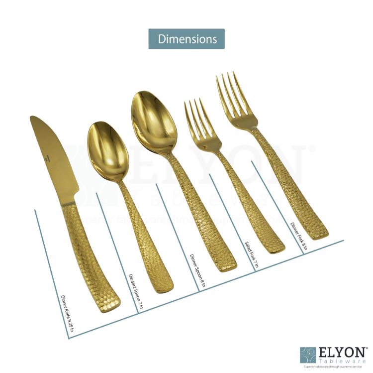 Elyon Crown Hammered Reflective Gold 20-Piece Flatware Set, Stainless Steel, Service For 4