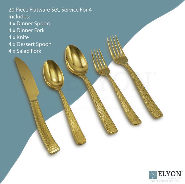 Elyon Crown Hammered Reflective Gold 20-Piece Flatware Set, Stainless Steel, Service For 4
