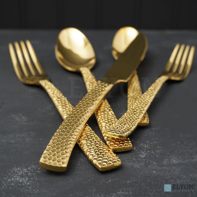 Elyon Crown Hammered Reflective Gold 20-Piece Flatware Set, Stainless Steel, Service For 4