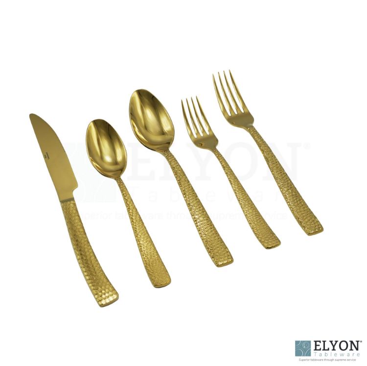 Elyon Crown Hammered Reflective Gold 20-Piece Flatware Set, Stainless Steel, Service For 4