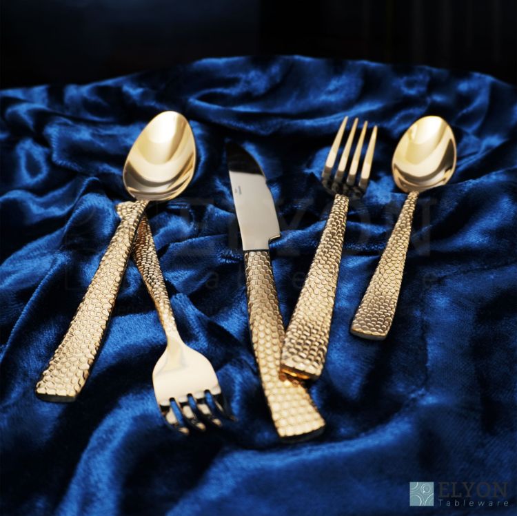 Elyon Crown Hammered Reflective Gold 20-Piece Flatware Set, Stainless Steel, Service For 4