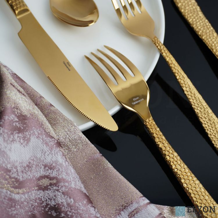Elyon Crown Hammered Reflective Gold 20-Piece Flatware Set, Stainless Steel, Service For 4