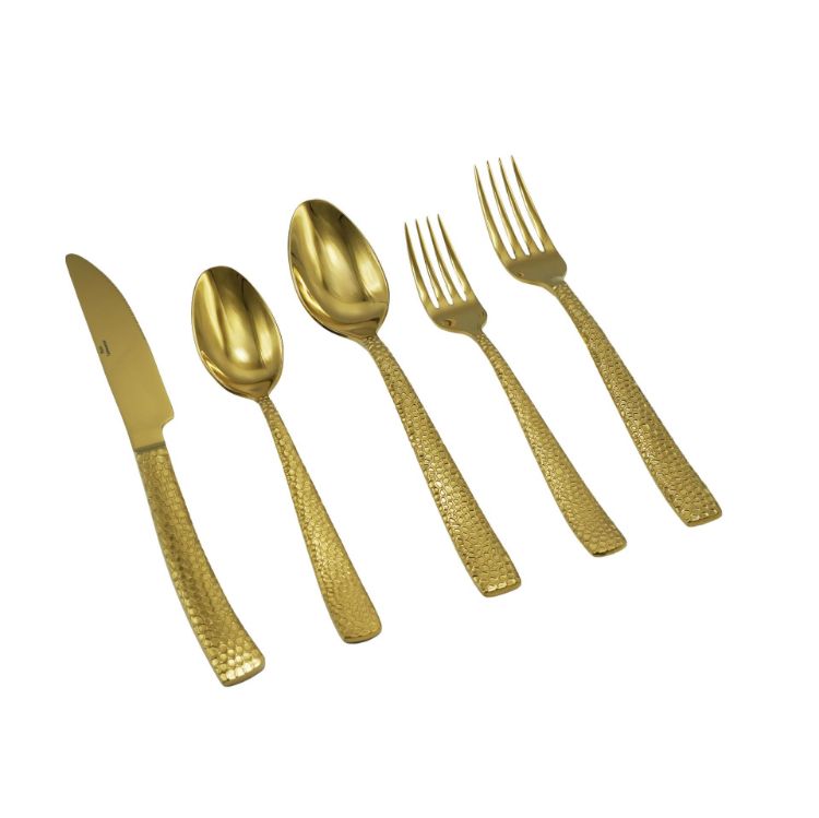 Elyon Crown Hammered Reflective Gold 20-Piece Flatware Set, Stainless Steel, Service For 4