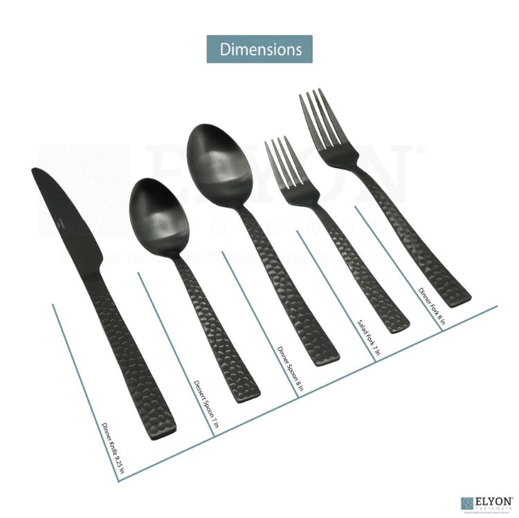 Elyon Hammered Matte Black 20-Piece Flatware Set, Stainless Steel, Service For 4