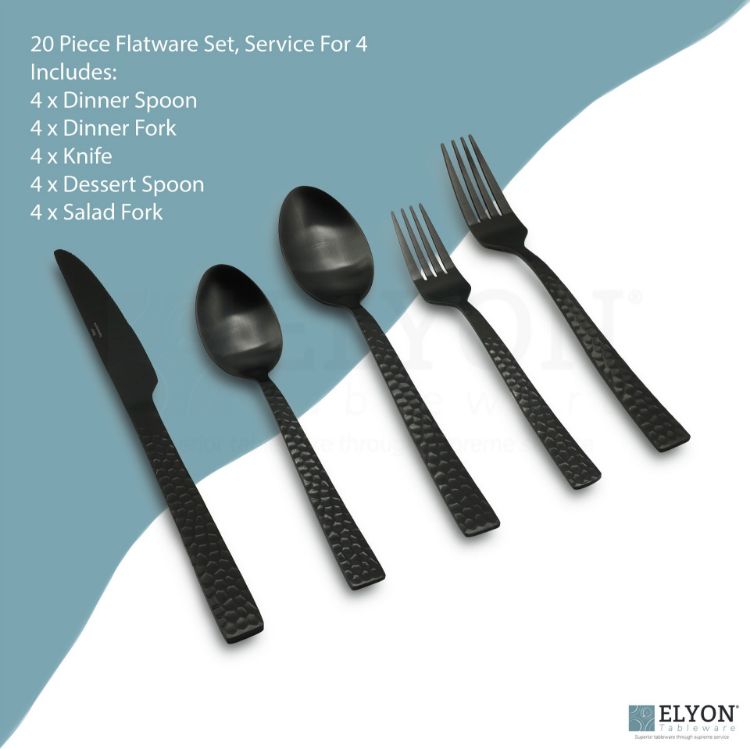 Elyon Hammered Matte Black 20-Piece Flatware Set, Stainless Steel, Service For 4