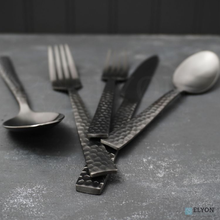 Elyon Hammered Matte Black 20-Piece Flatware Set, Stainless Steel, Service For 4