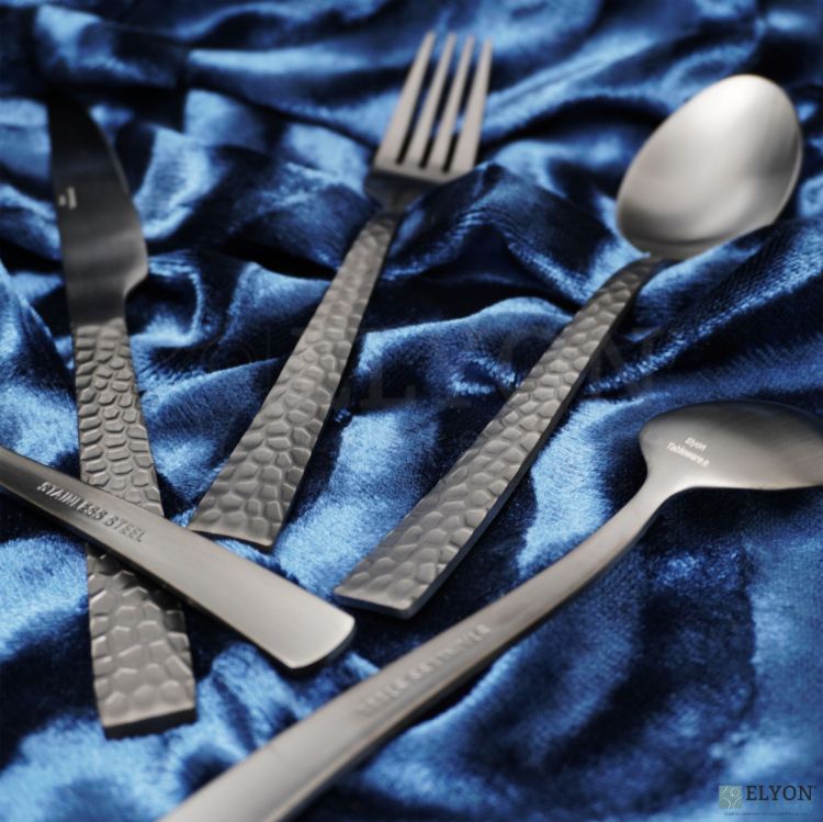Elyon Hammered Matte Black 20-Piece Flatware Set, Stainless Steel, Service For 4